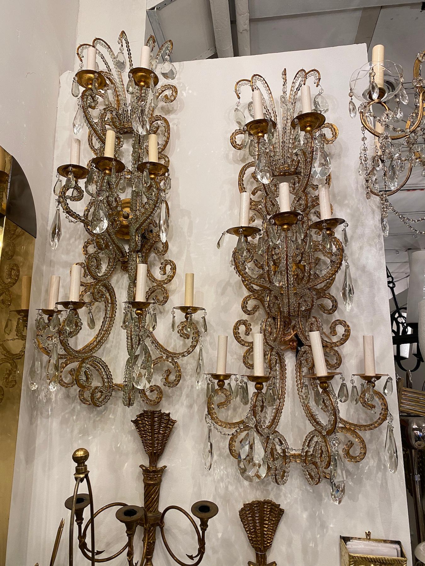 Italian Set of Large Gilt Metal & Crystal Sconces, Sold Per Pair For Sale