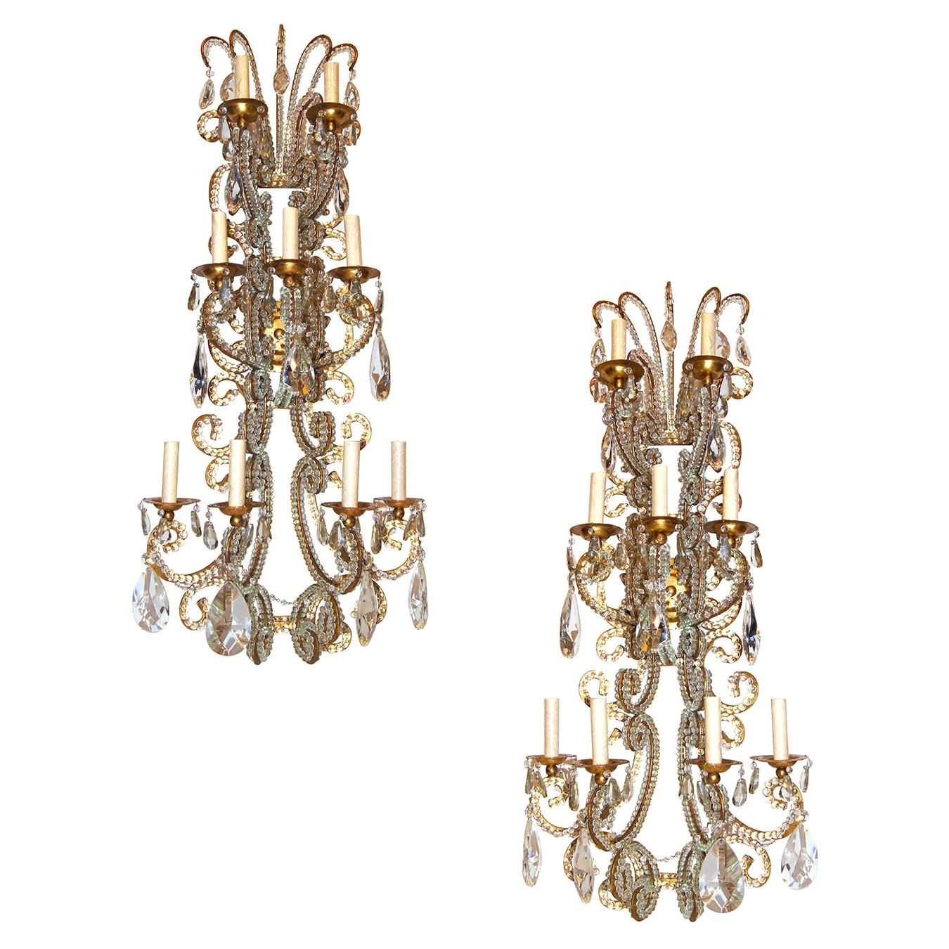 Set of Large Gilt Metal & Crystal Sconces, Sold Per Pair