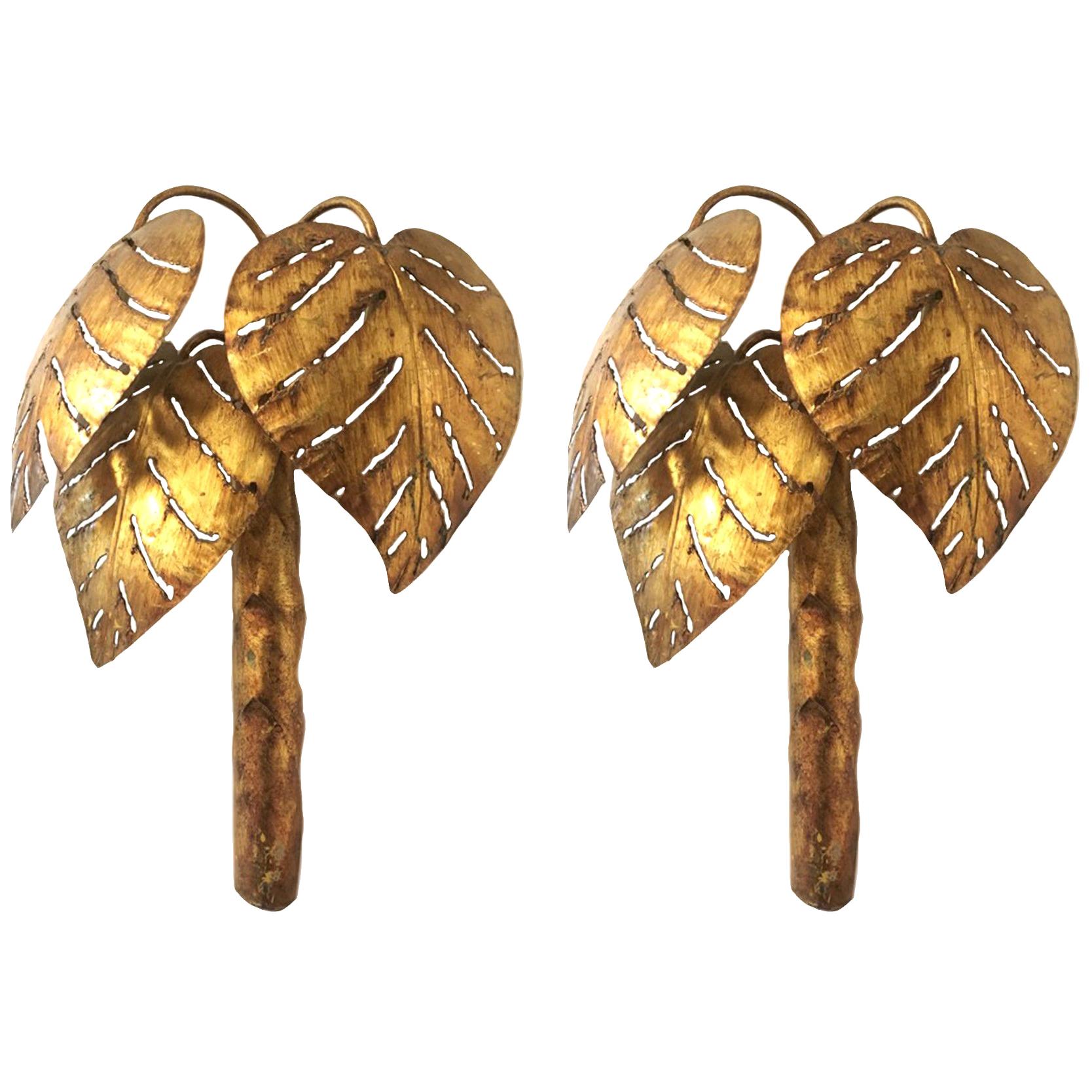 Mid-20th Century Set of Large Gilt Metal Palm Leaf Sconces, Sold in Pairs For Sale