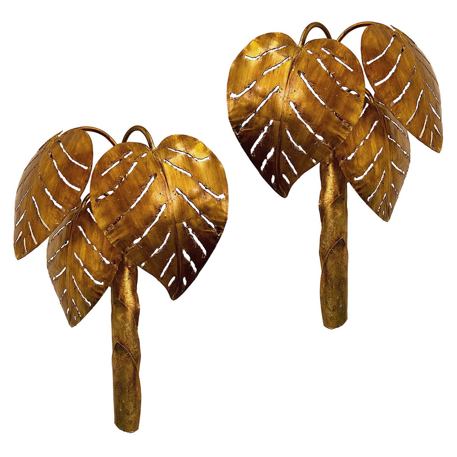 Set of Large Gilt Metal Palm Leaf Sconces, Sold in Pairs For Sale