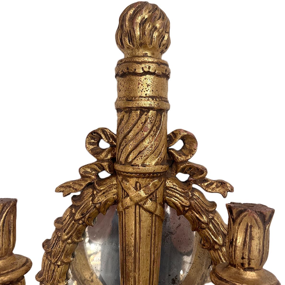 Italian Set of Large Giltwood Sconces with Mirror Backplate, Sold Per Pair For Sale