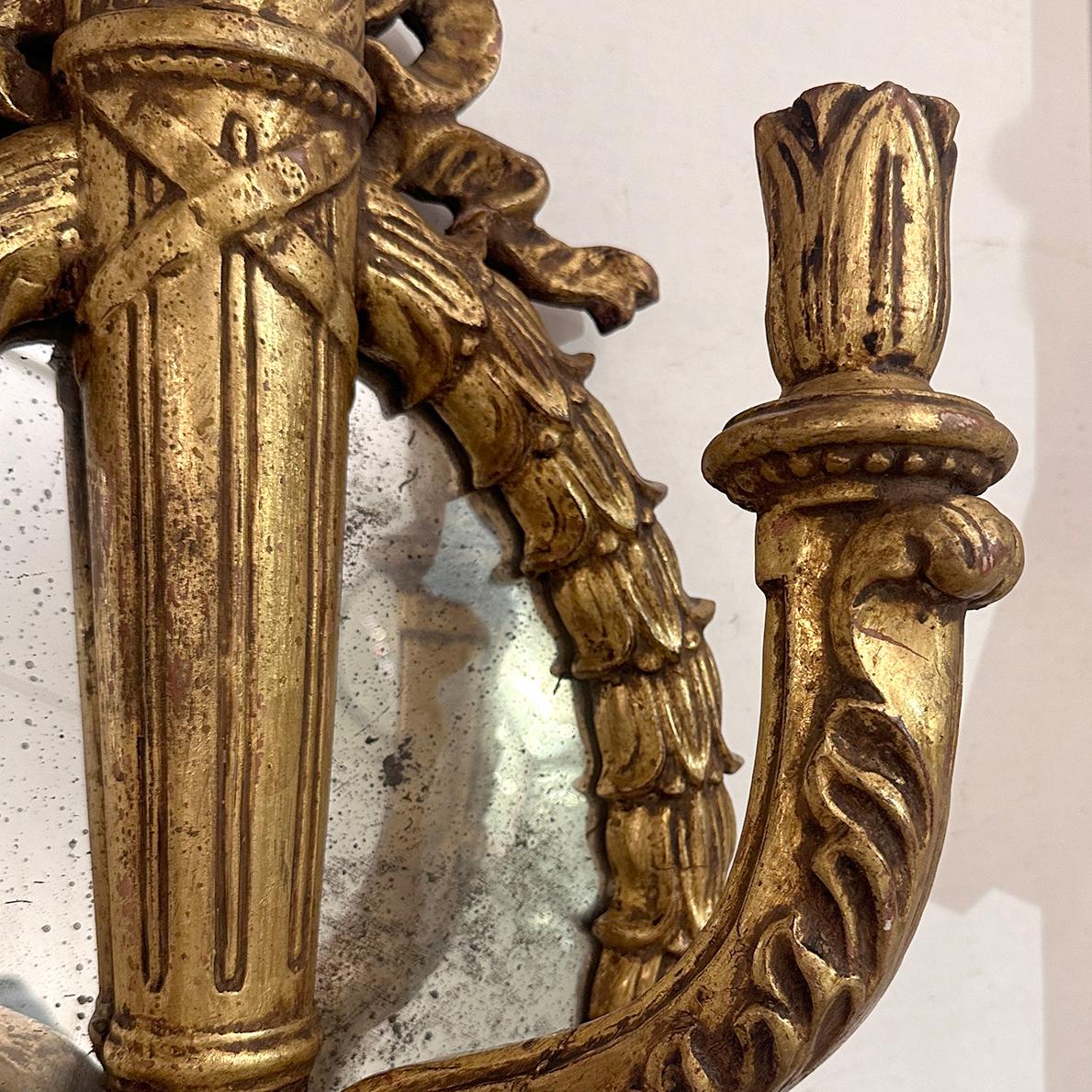 Mid-20th Century Set of Large Giltwood Sconces with Mirror Backplate, Sold Per Pair For Sale