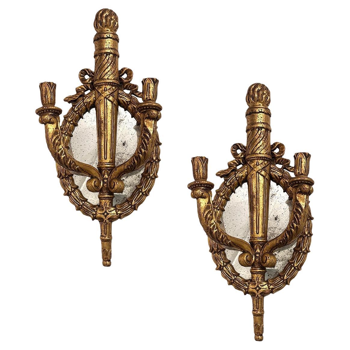 Set of Large Giltwood Sconces with Mirror Backplate, Sold Per Pair For Sale