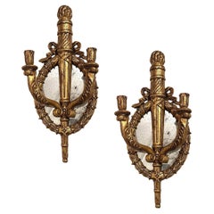 Vintage Set of Large Giltwood Sconces with Mirror Backplate, Sold Per Pair