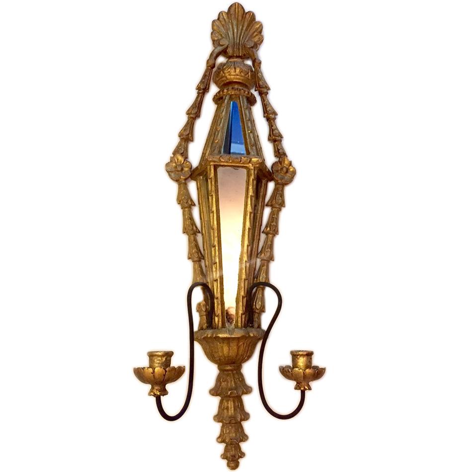 French Pair of Large Giltwood Sconces with Mirror Insets For Sale
