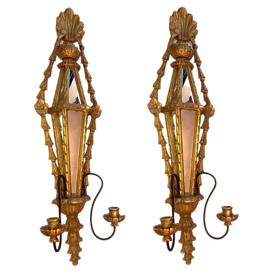 Pair of Large Giltwood Sconces with Mirror Insets