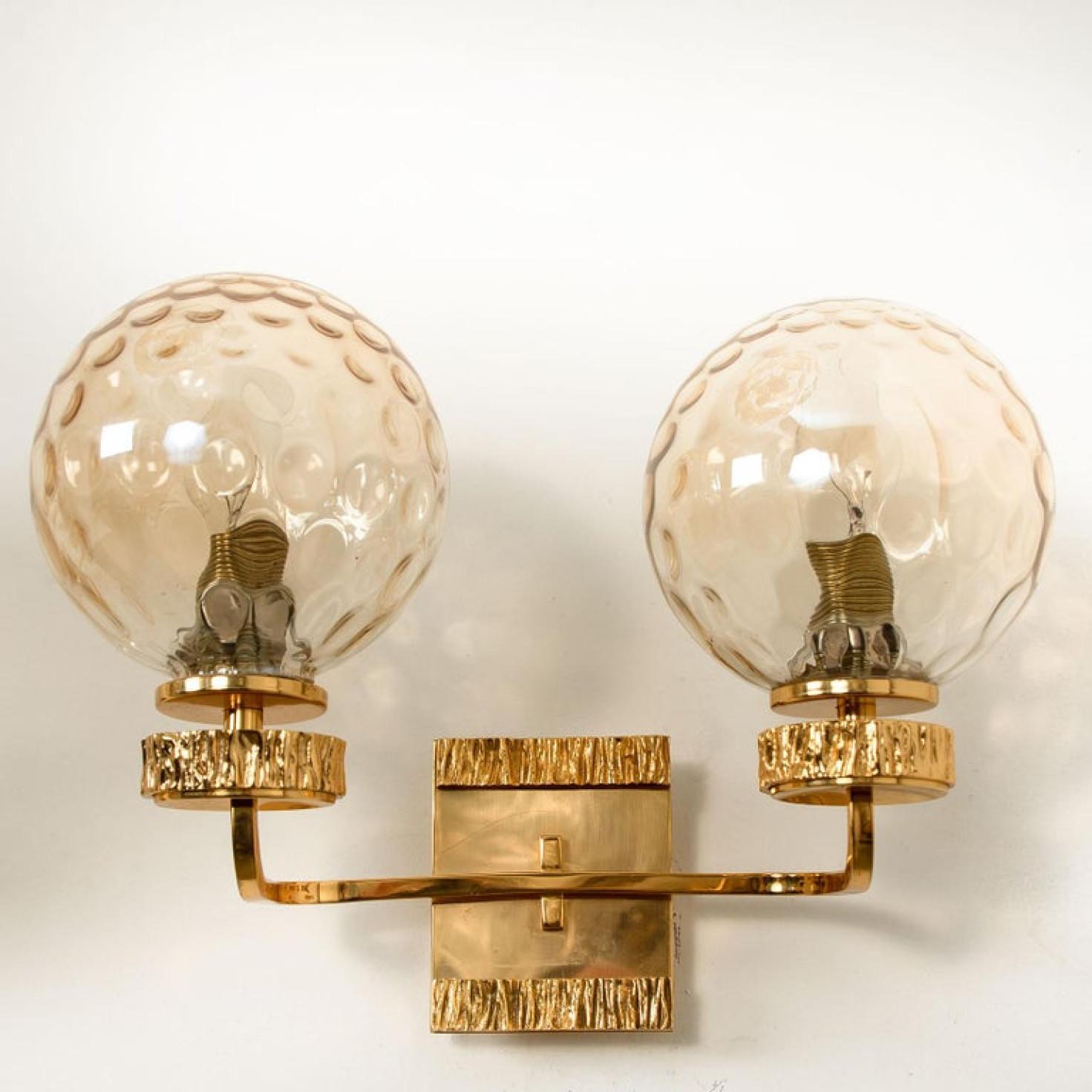 Gold Plate Set of Large Gold-Plated Glass Wall Lights in the Style of Brotto For Sale