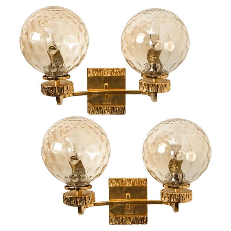 Set of Large Gold-Plated Glass Wall Lights in the Style of Brotto
