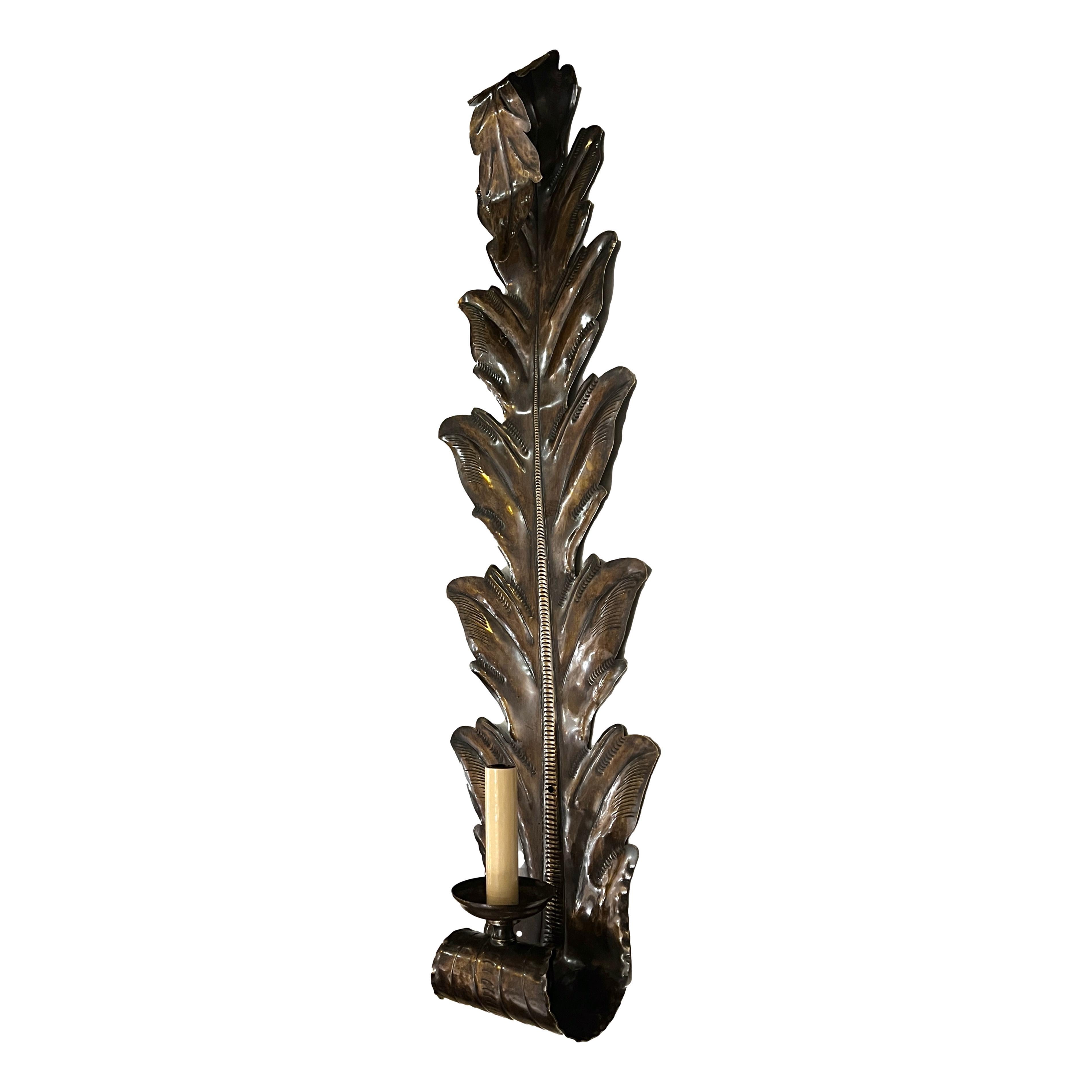 Set of six large Italian circa 1940's repousse' hammered brass sconces with single light in acanthus leaf motif. Sold per pair.

Measurements:
Height: 28