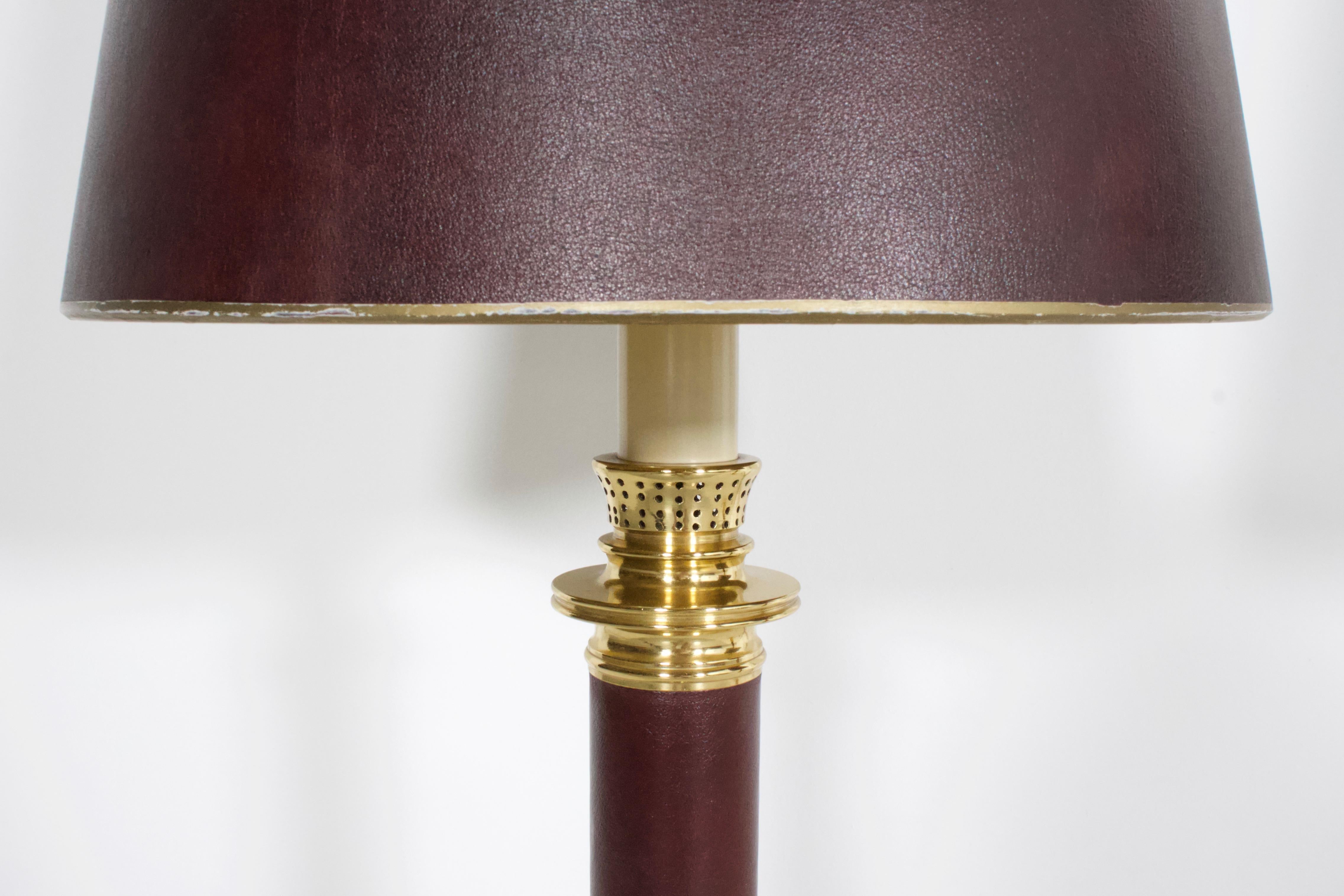Neoclassical Set of Large Leather and Brass Maison Jansen Table Lamps, France, 1970s