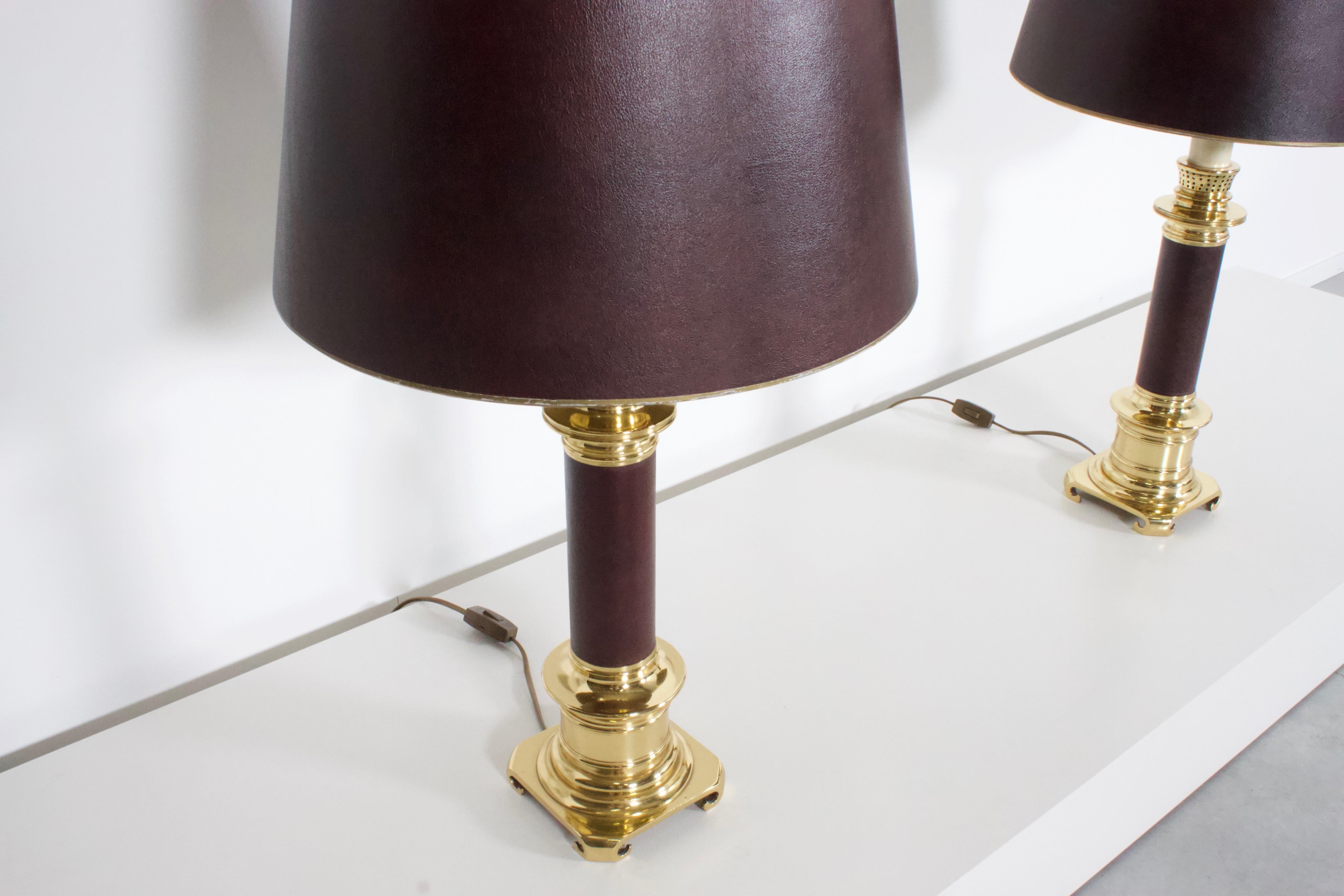 French Set of Large Leather and Brass Maison Jansen Table Lamps, France, 1970s