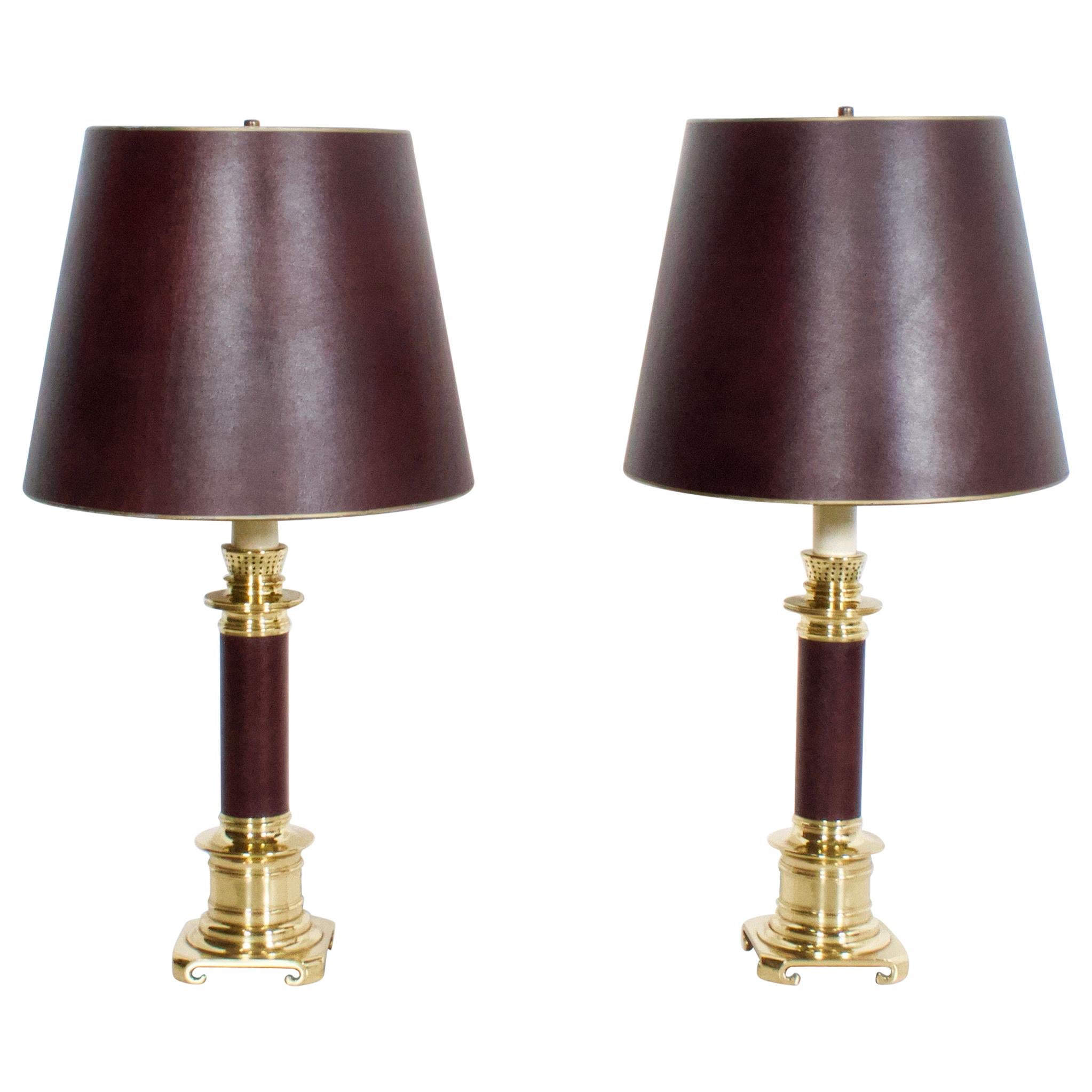 Set of Large Leather and Brass Maison Jansen Table Lamps, France, 1970s