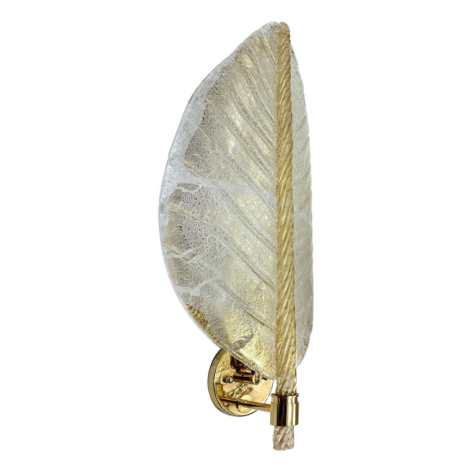 Italian Set of Large Midcentury Palm Leaf Glass Sconces, Sold per Pair For Sale