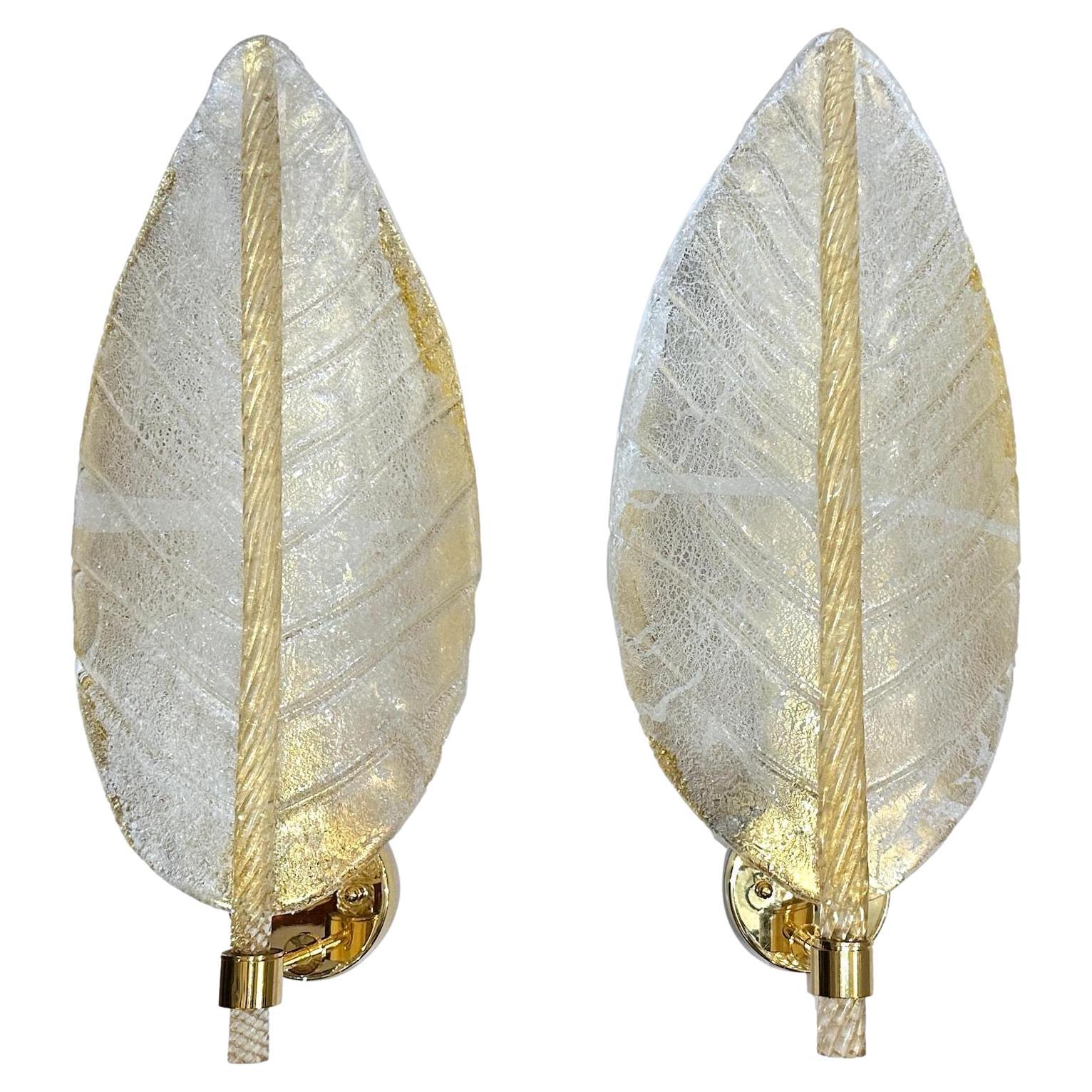 Set of Large Midcentury Palm Leaf Glass Sconces, Sold per Pair For Sale