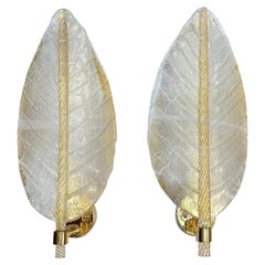 Set of Large Midcentury Palm Leaf Glass Sconces, Sold per Pair