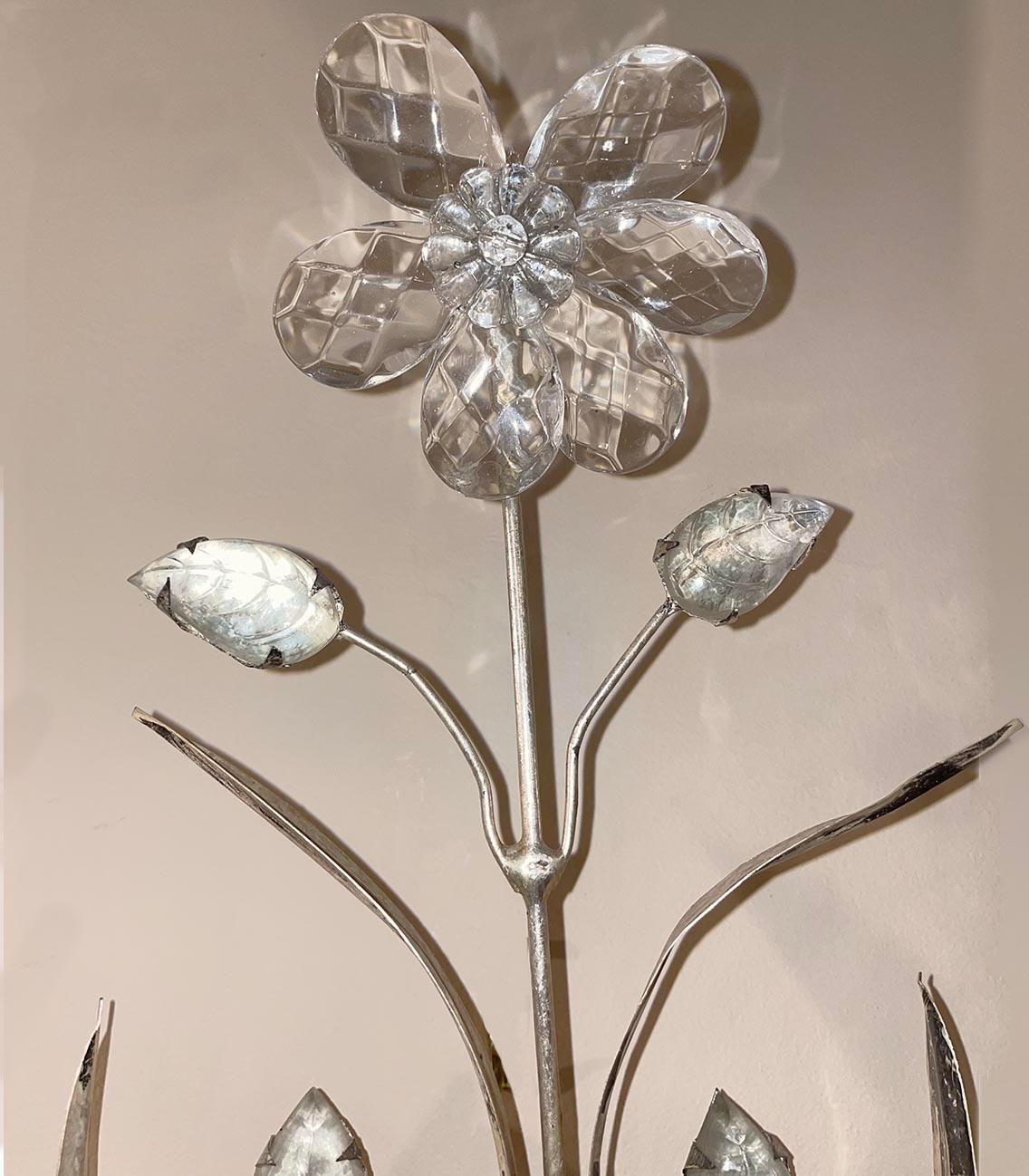 French Set of Large Molded Glass Sconces & Crystal Flower Sconces, Sold Per Pair For Sale