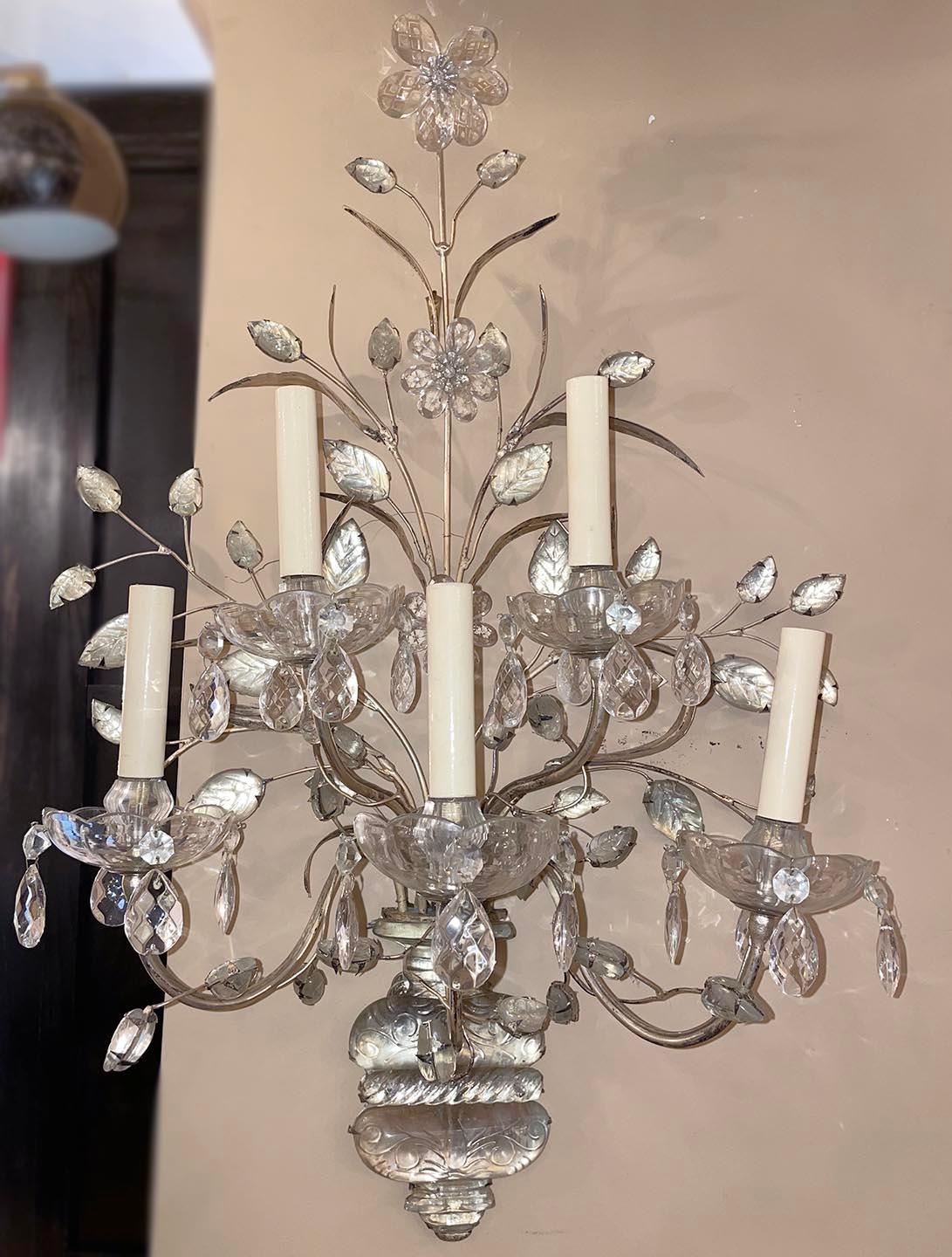Set of Large Molded Glass Sconces & Crystal Flower Sconces, Sold Per Pair For Sale 1