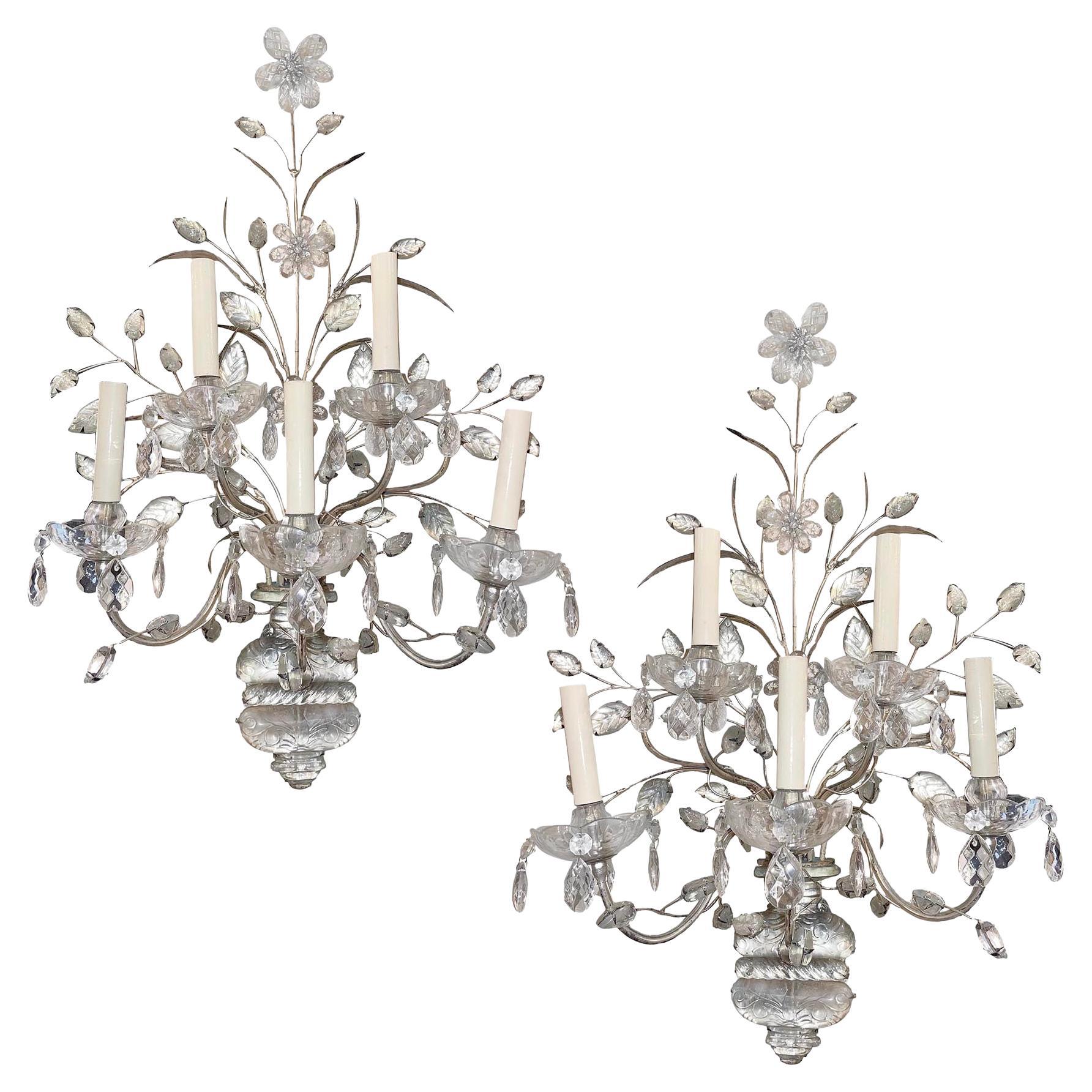 Set of Large Molded Glass Sconces & Crystal Flower Sconces, Sold Per Pair