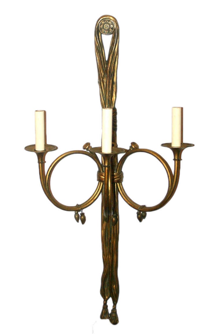 Set of four circa 1940s French bronze neoclassic style sconces. Sold per pair.

Measurements:
Height 32.5?
Width 16?
Depth 9?