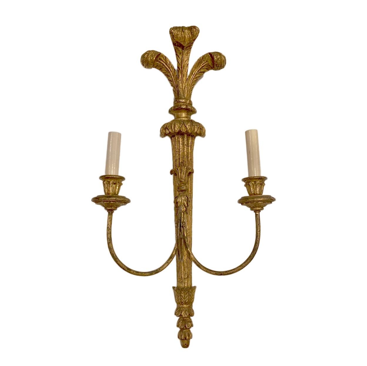 Hand-Carved Set of Large Neoclassic Style Giltwood Sconces, Sold Per Pair For Sale