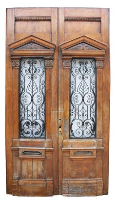 Set of Large Oak Doors with Wrought Iron Grills