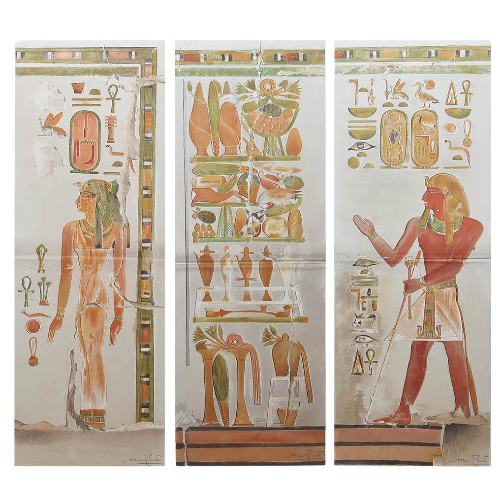 Set di 3 grandi stampe antiche originali di decorazioni murali dell'Antico Egitto, 1896