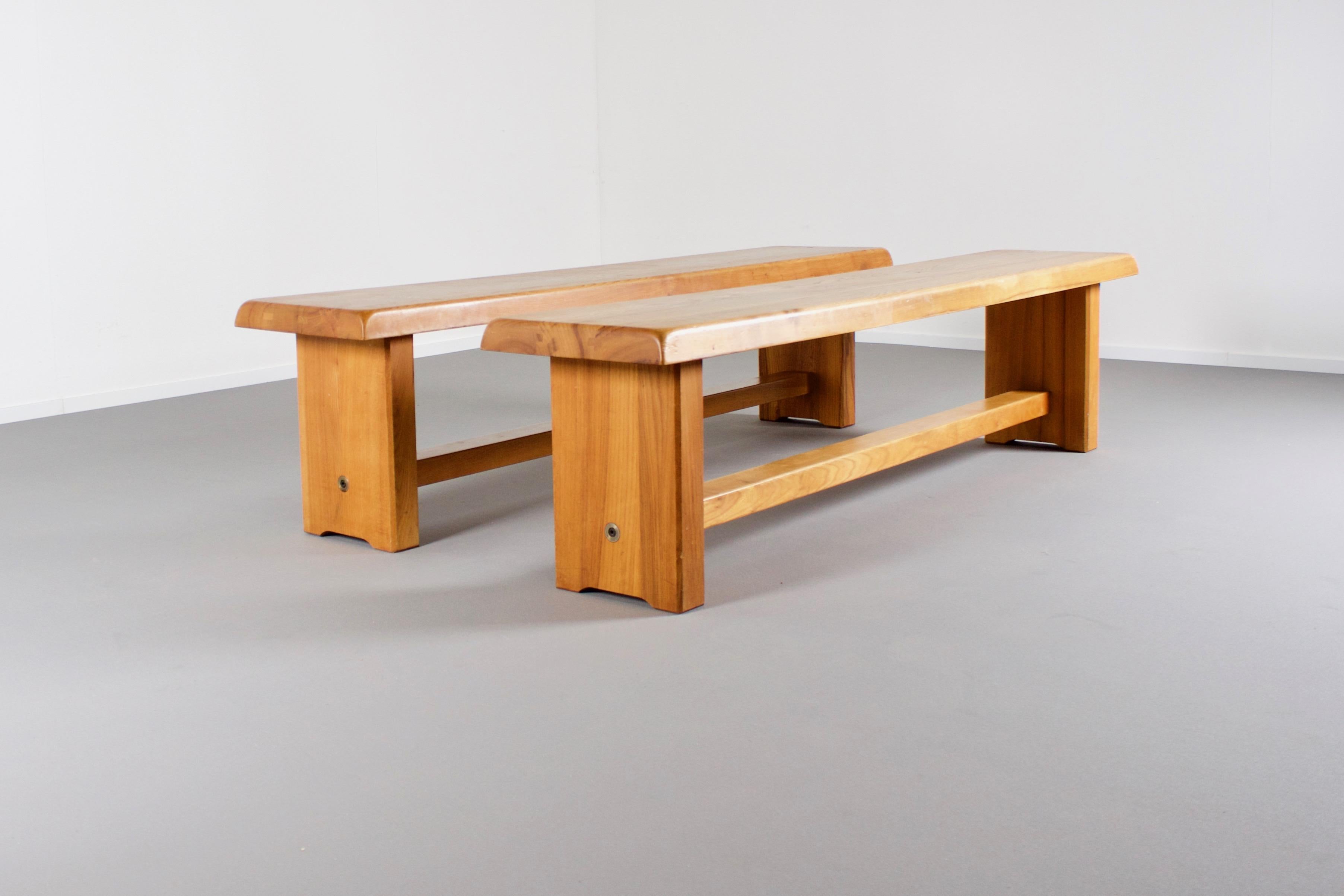 20th Century Set of Large Pierre Chapo S14 Benches in Solid Elmwood, France, 1960s