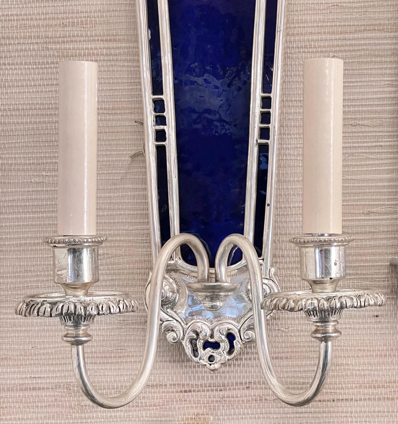 American Set of Large Sconces with Cobalt Blue Glass, Sold per Pair