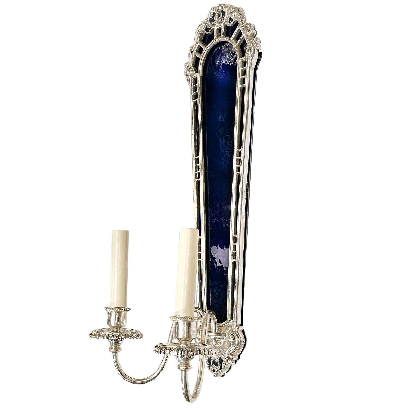 Early 20th Century Set of Large Sconces with Cobalt Blue Glass, Sold per Pair