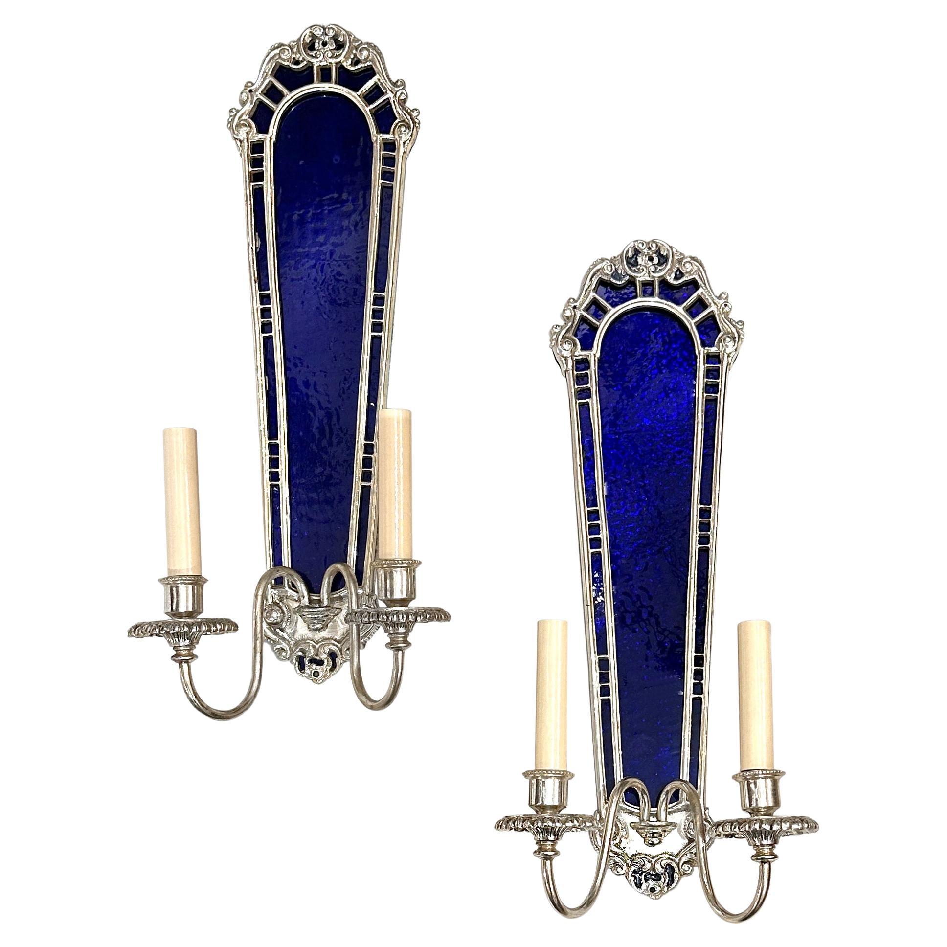 Set of Large Sconces with Cobalt Blue Glass, Sold per Pair