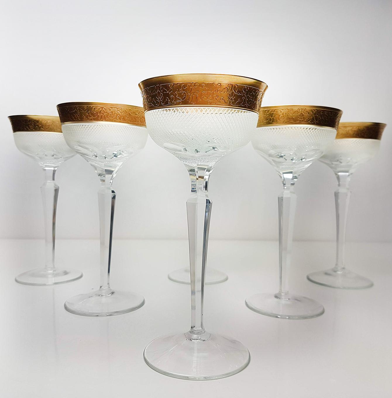 Set of Large Six Moser Clear Crystal Goblets with Gilded and Etched Band 4