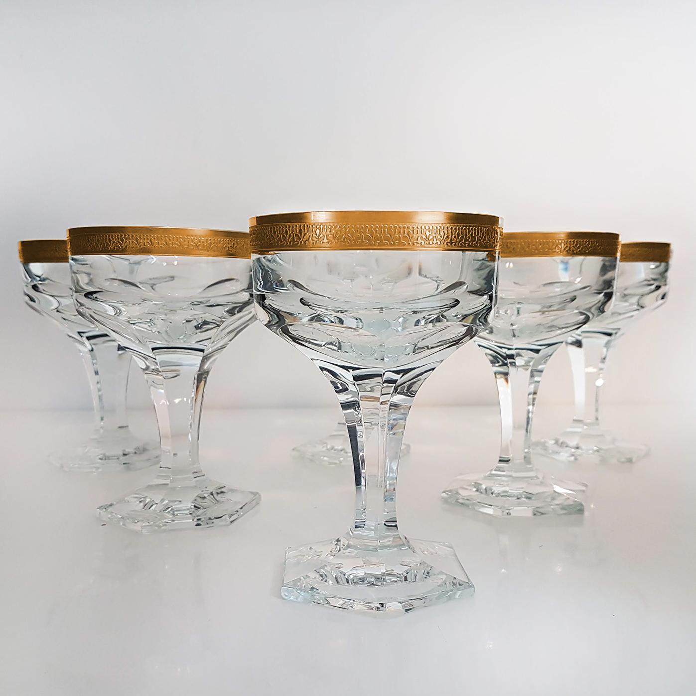 Set of Large Six Moser Clear Crystal Goblets with Gilded and Etched Band 9