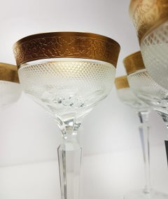 Set of Large Six Moser Clear Crystal Goblets with Gilded and Etched Band