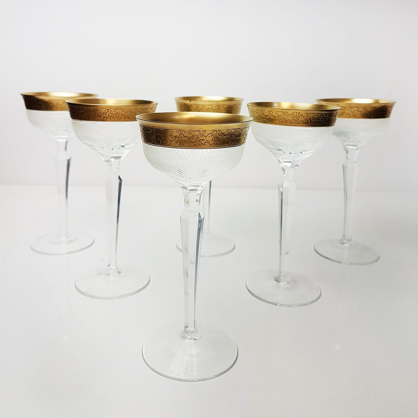 Art Deco Set of Large Six Moser Clear Crystal Goblets with Gilded and Etched Band