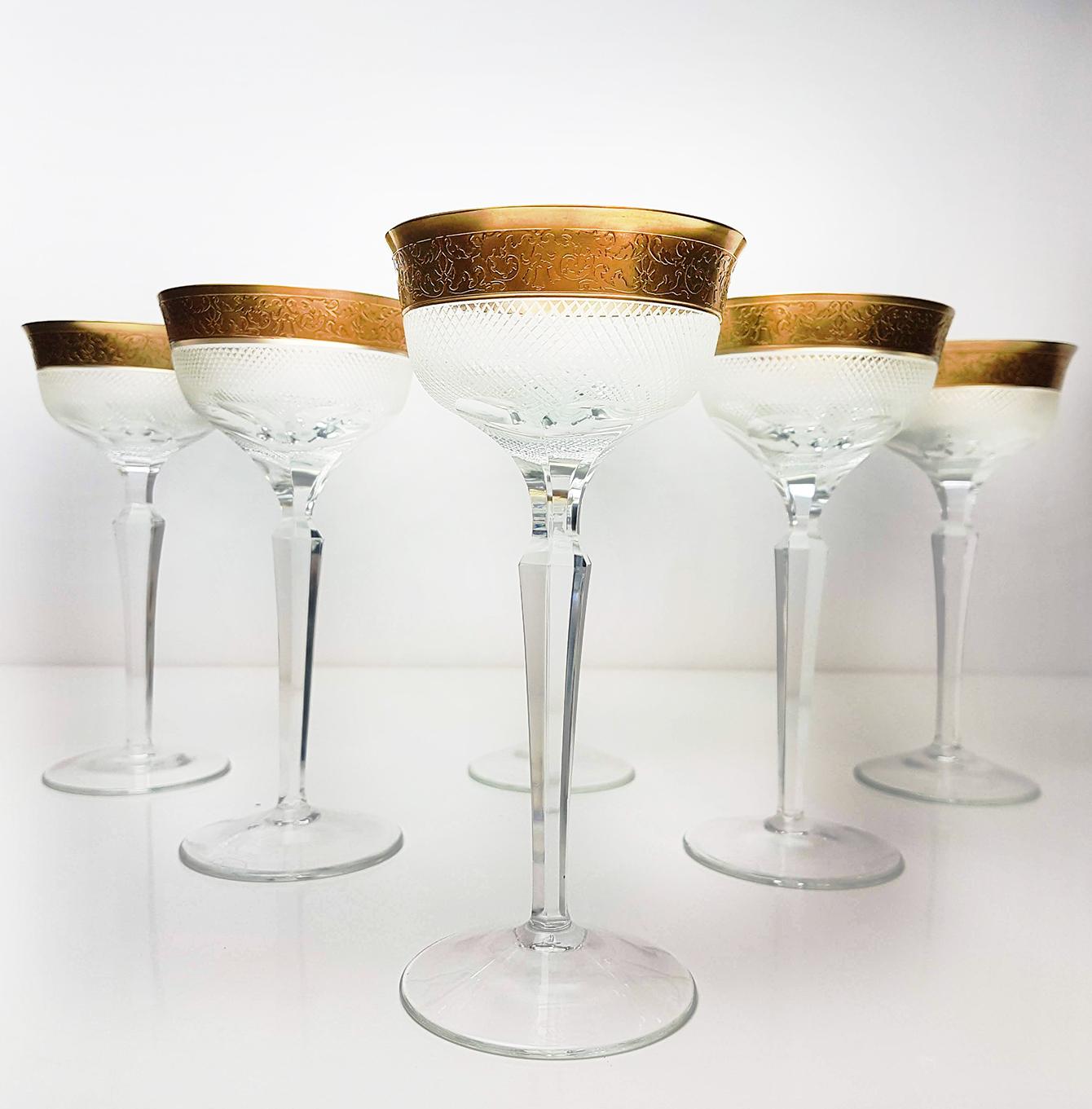19th Century Set of Large Six Moser Clear Crystal Goblets with Gilded and Etched Band
