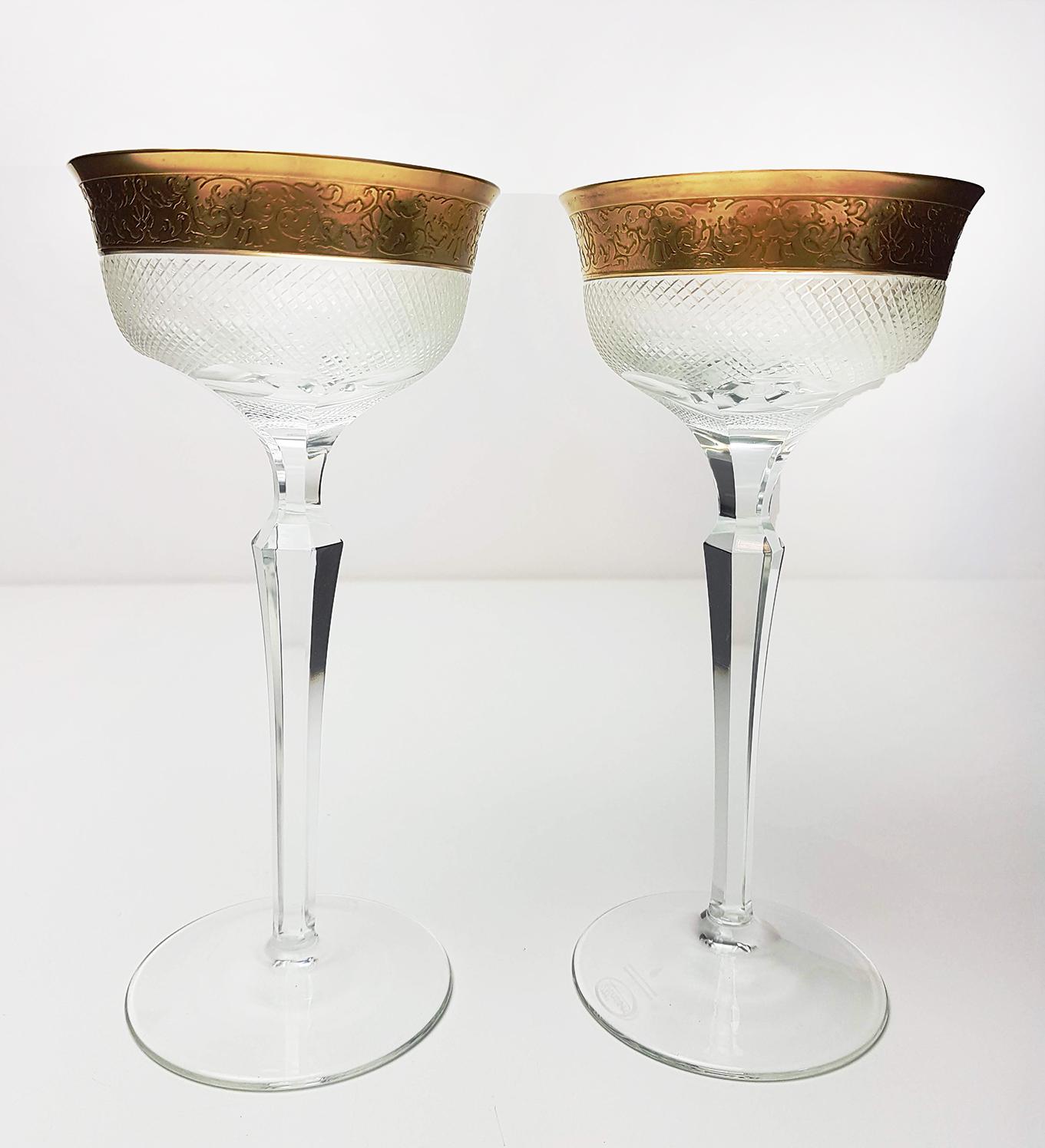 Gold Set of Large Six Moser Clear Crystal Goblets with Gilded and Etched Band