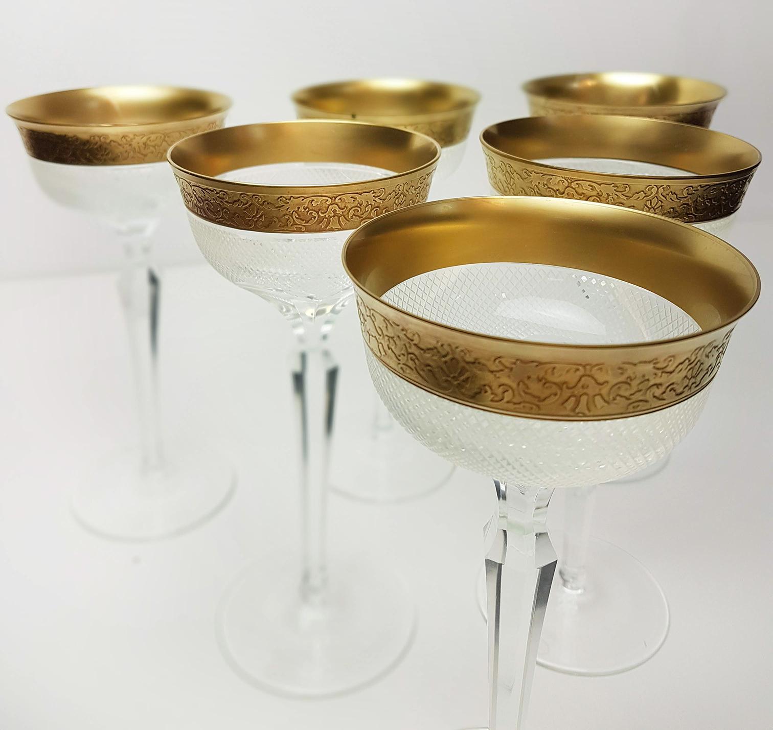 Set of Large Six Moser Clear Crystal Goblets with Gilded and Etched Band 2