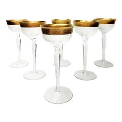 Set of Large Six Moser Clear Crystal Goblets with Gilded and Etched Band