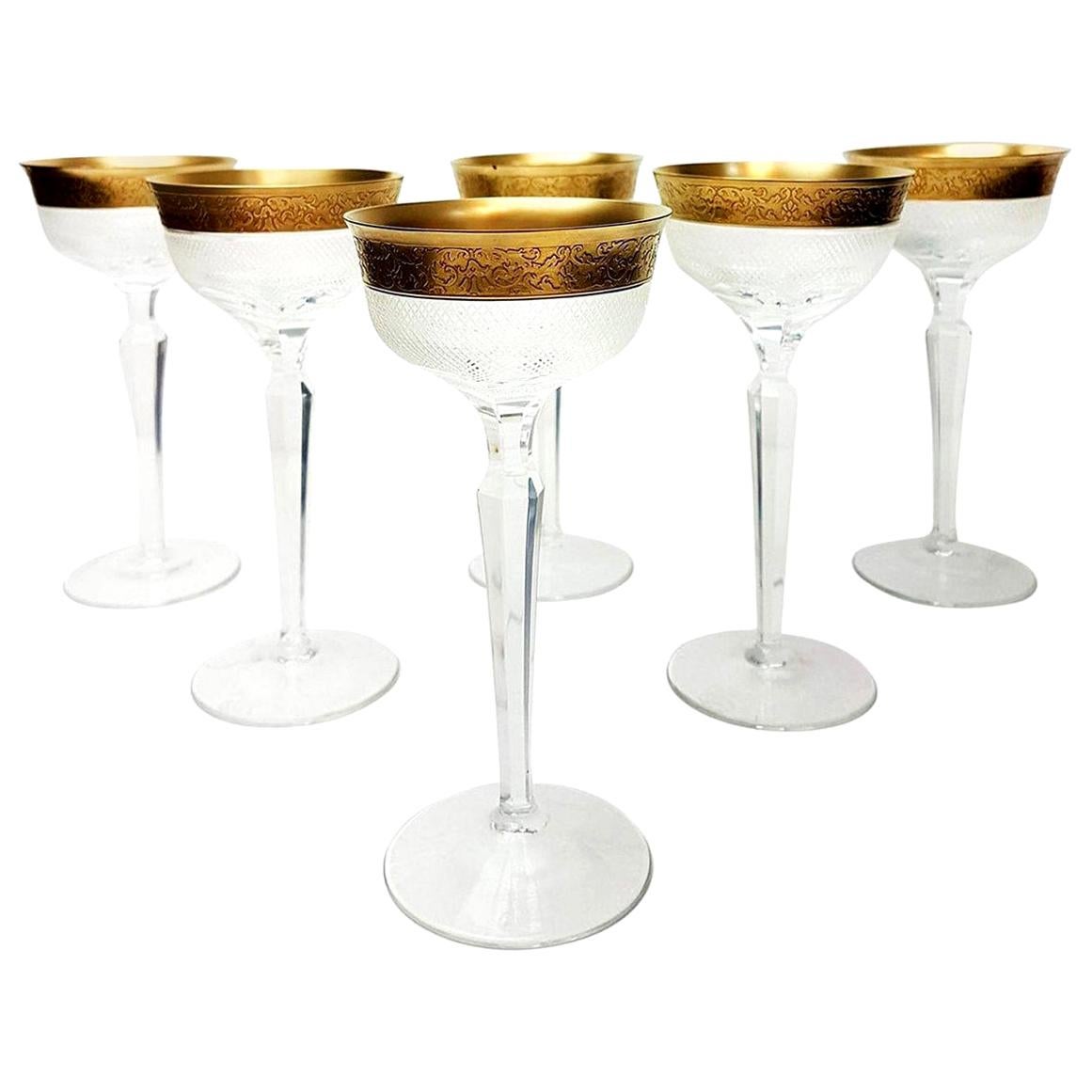 Set of Large Six Moser Clear Crystal Goblets with Gilded and Etched Band