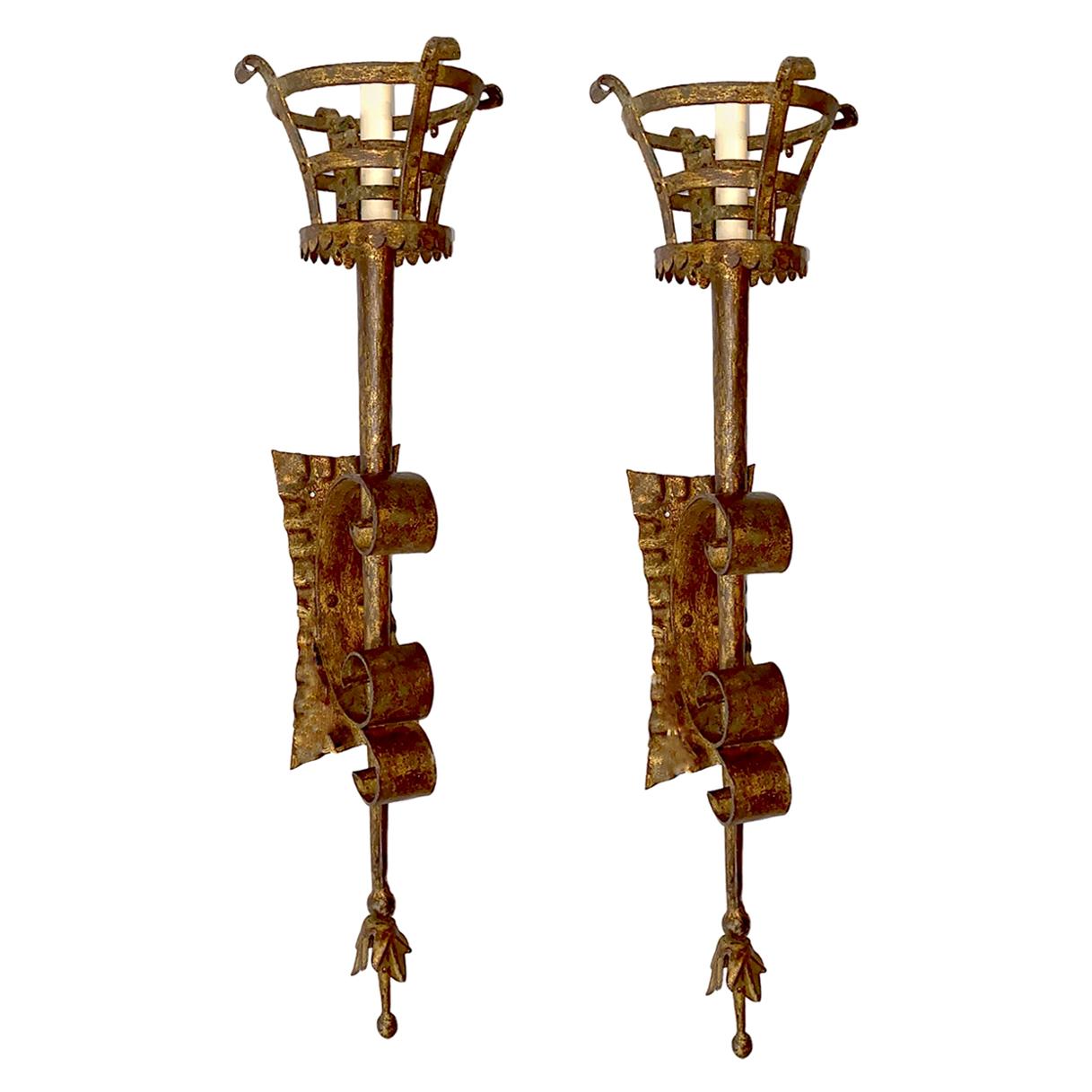 Set of Large Torch Gilt Metal Sconces, Sold Per Pair For Sale