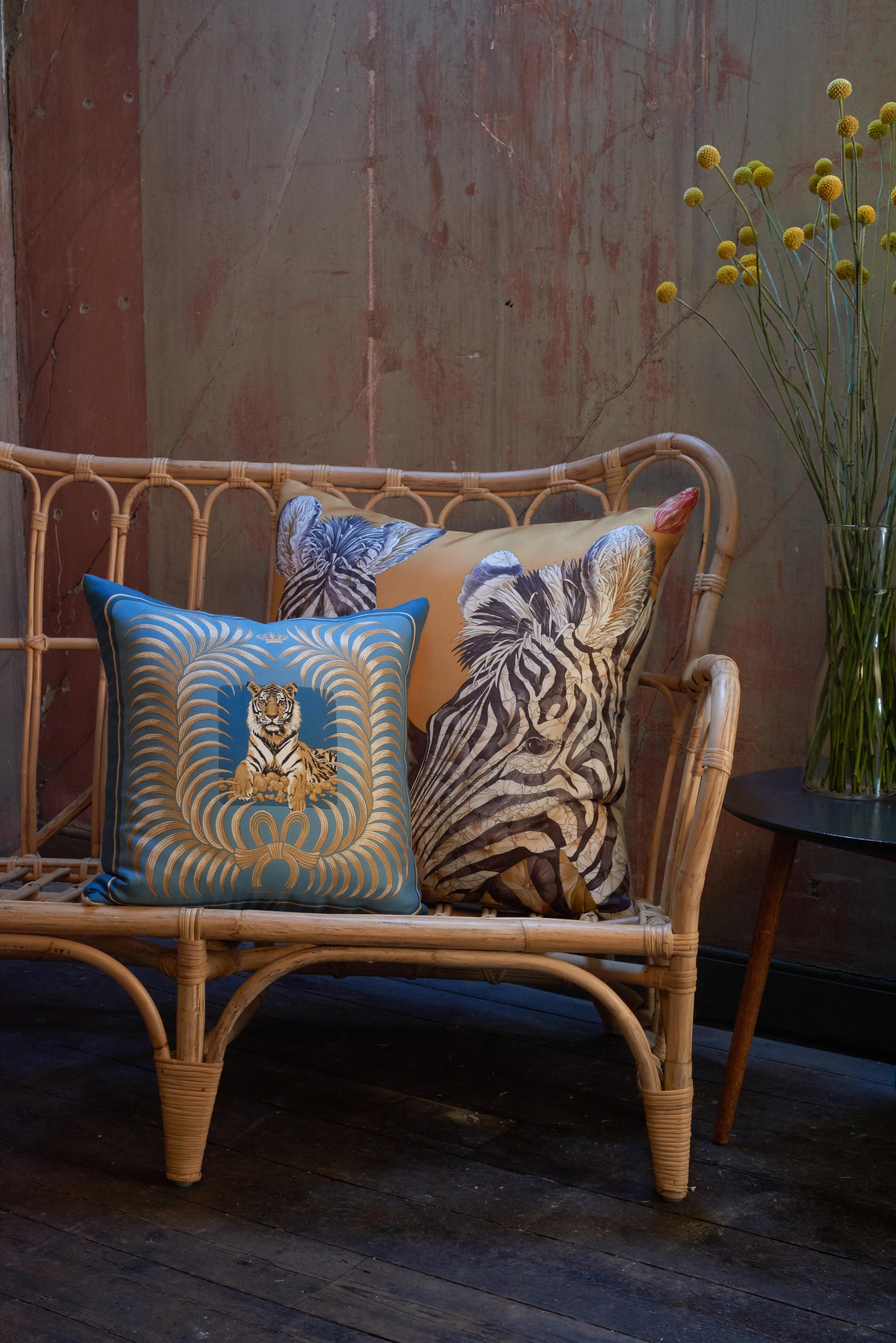 Art Deco Set of Large Vintage Salvatore Ferragamo Silk Scarf and Linen Pillows Zebra Blue For Sale