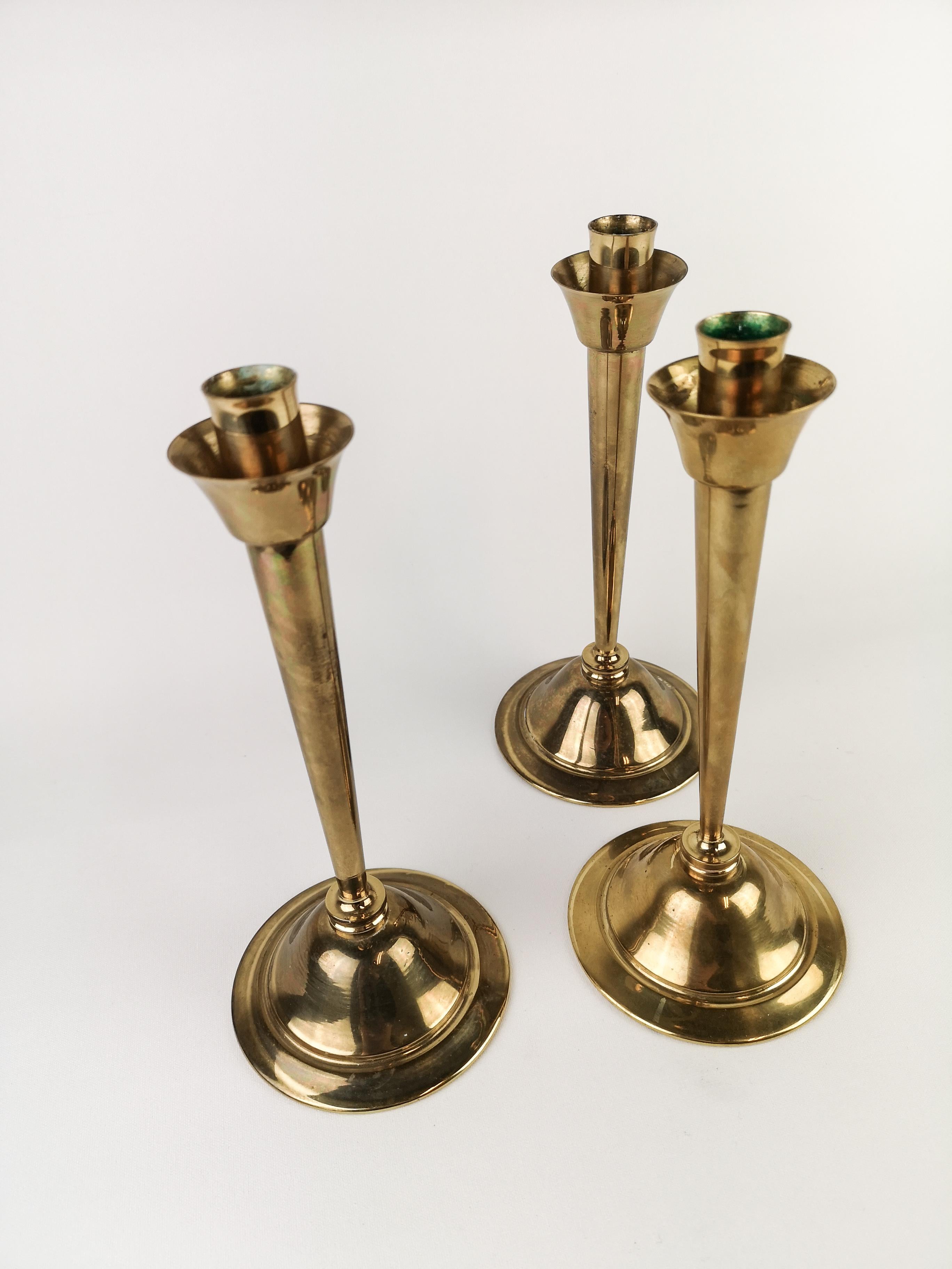 Scandinavian Modern Set of 3 Lars Holmström Candlesticks in Brass by Lars Holmström Arvika, Sweden