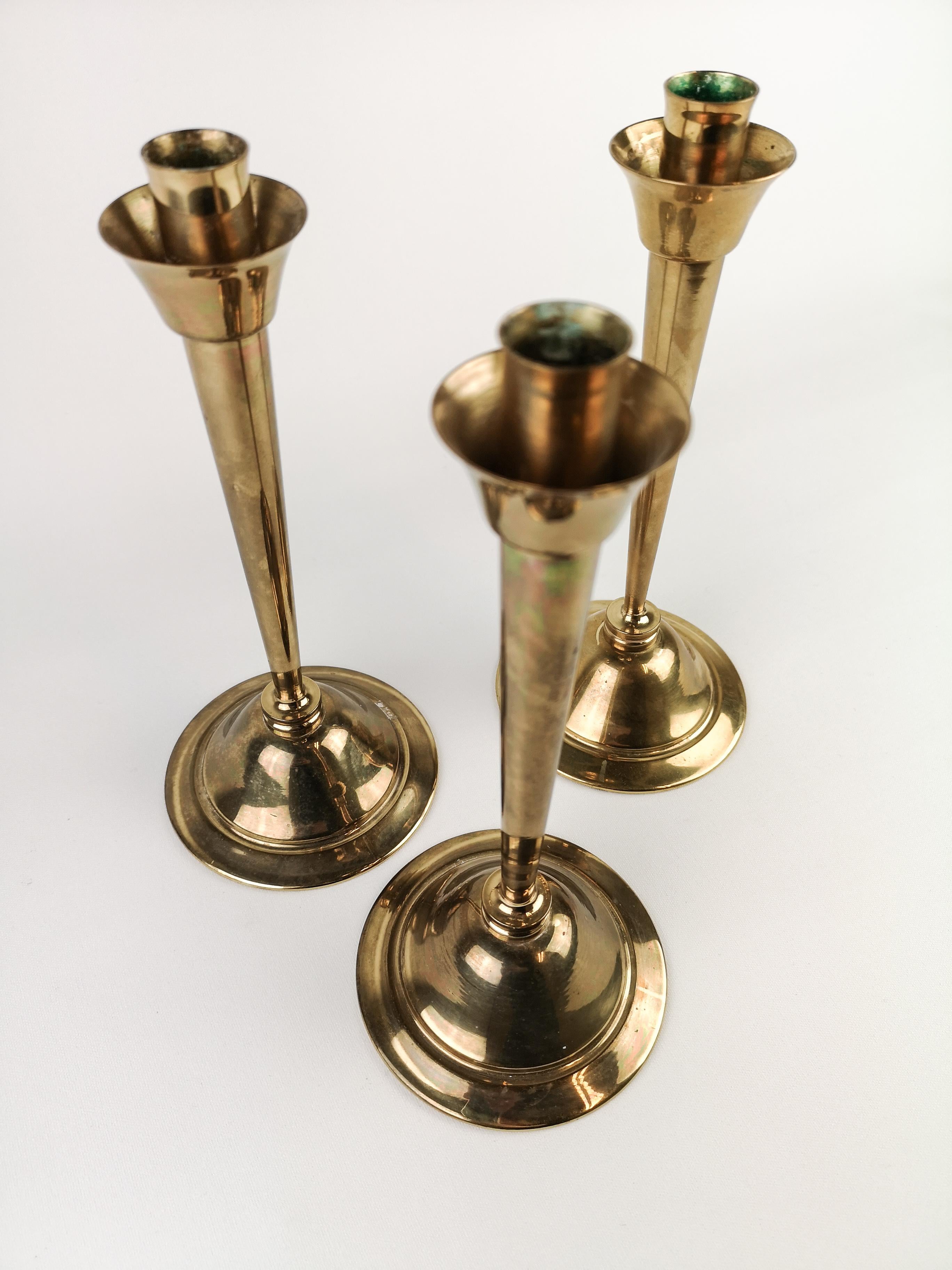 Set of 3 Lars Holmström Candlesticks in Brass by Lars Holmström Arvika, Sweden In Good Condition In Hillringsberg, SE