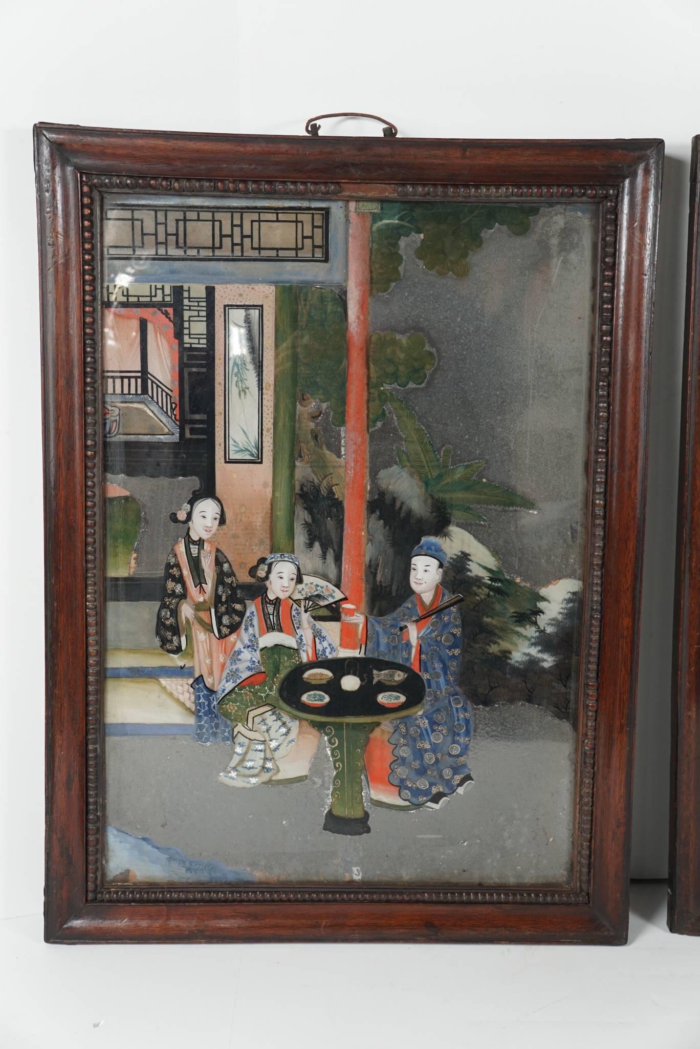 This set of three paintings done in reverse painting and mirror on glass come from the estate of Princess Fredericka Ann Guirey from her home Sigrist House in Nassau and hung in the drawing room which was decorated by Mallets Antiques of London, and