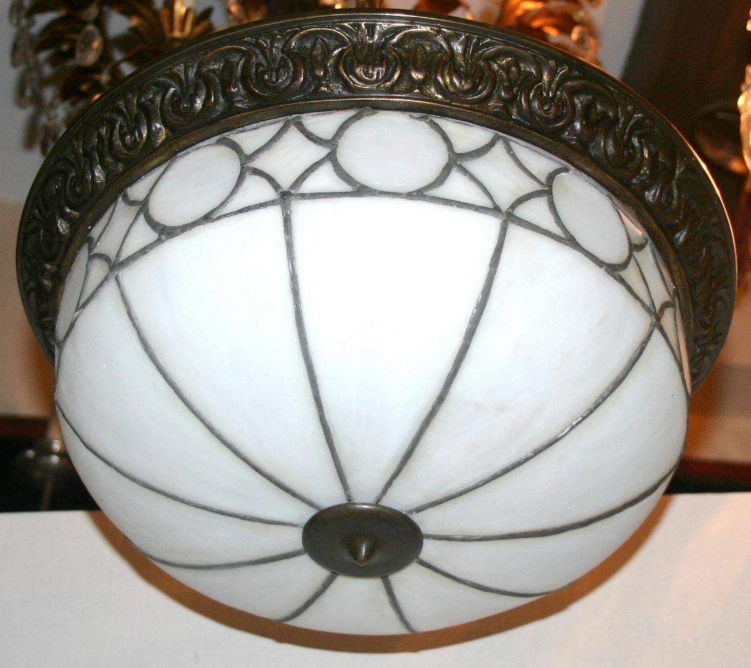 Patinated Set of Leaded Glass Light Fixtures, Sold Individually For Sale