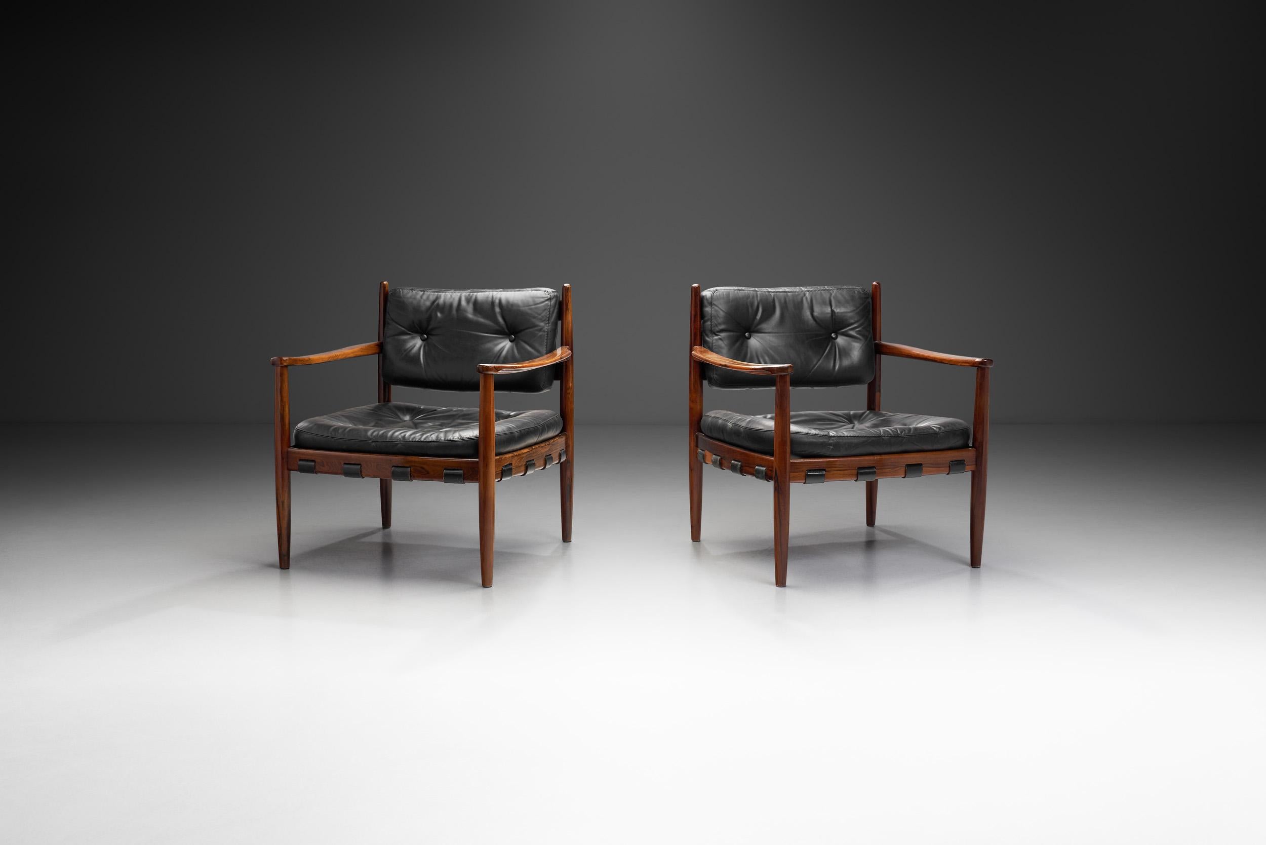 Mid-Century Modern Set of Leather and Wood 'Cadett' Easy Chairs by Eric Merthen, Sweden 1960s
