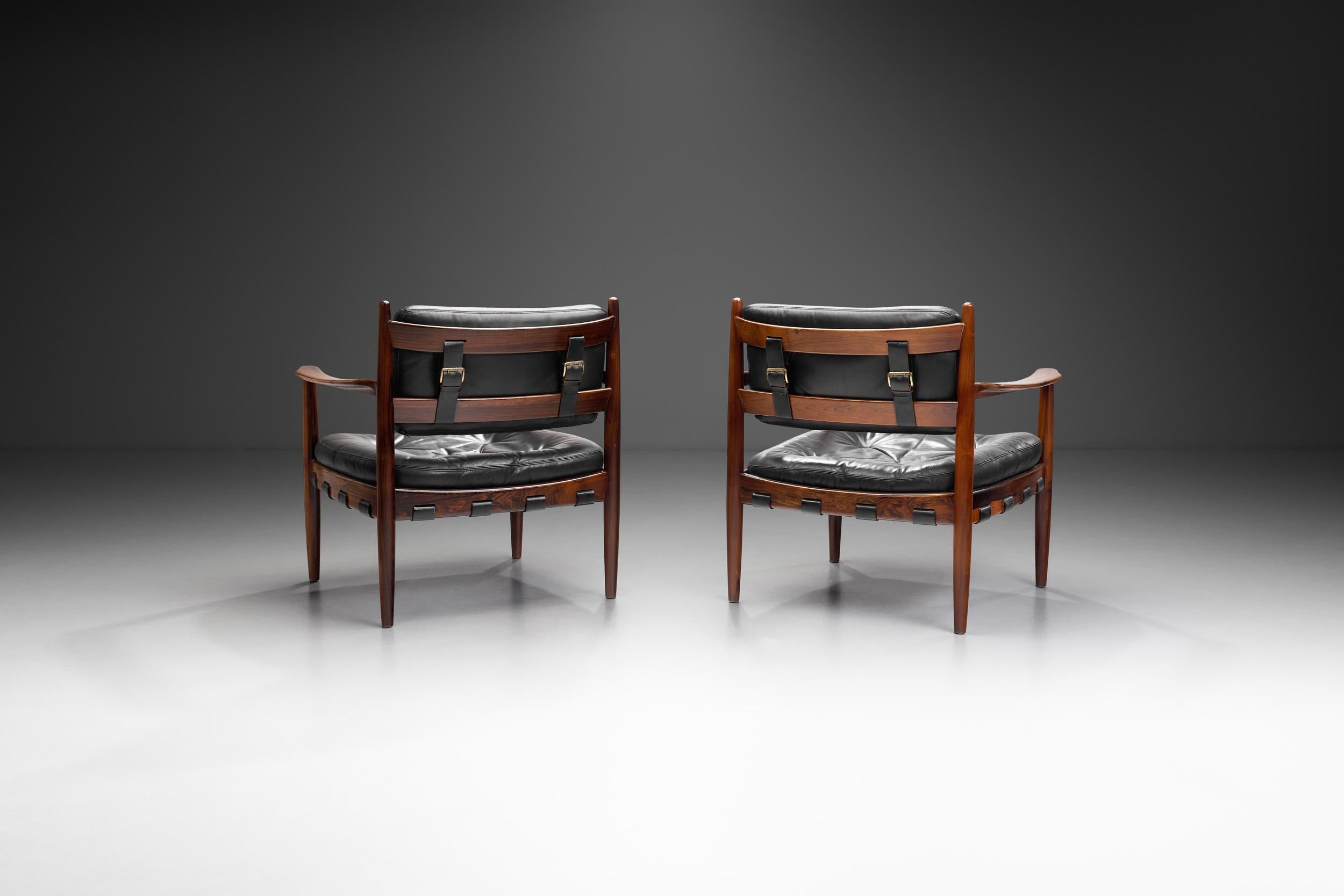 Swedish Set of Leather and Wood 'Cadett' Easy Chairs by Eric Merthen, Sweden 1960s For Sale