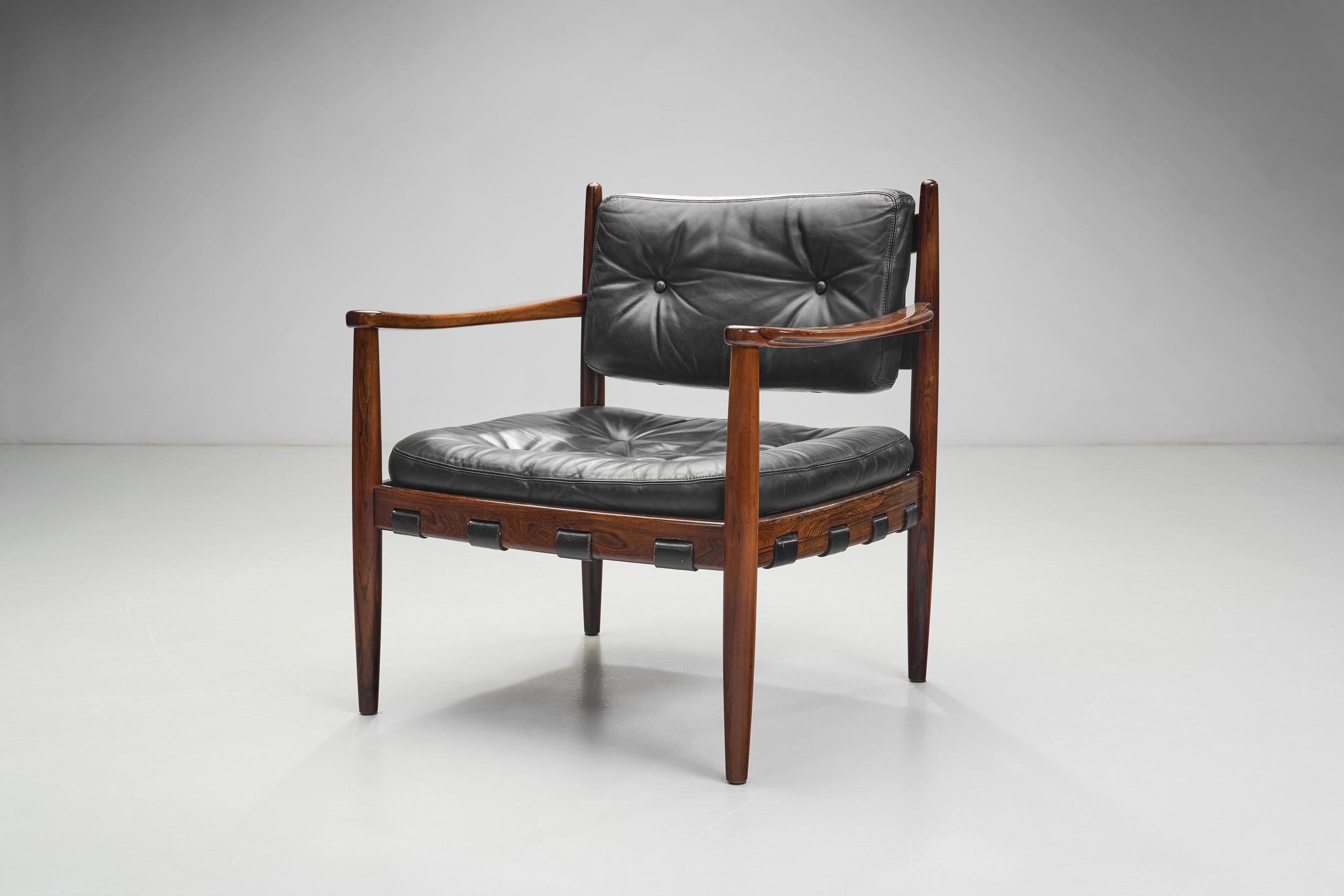Mid-20th Century Set of Leather and Wood 'Cadett' Easy Chairs by Eric Merthen, Sweden 1960s For Sale