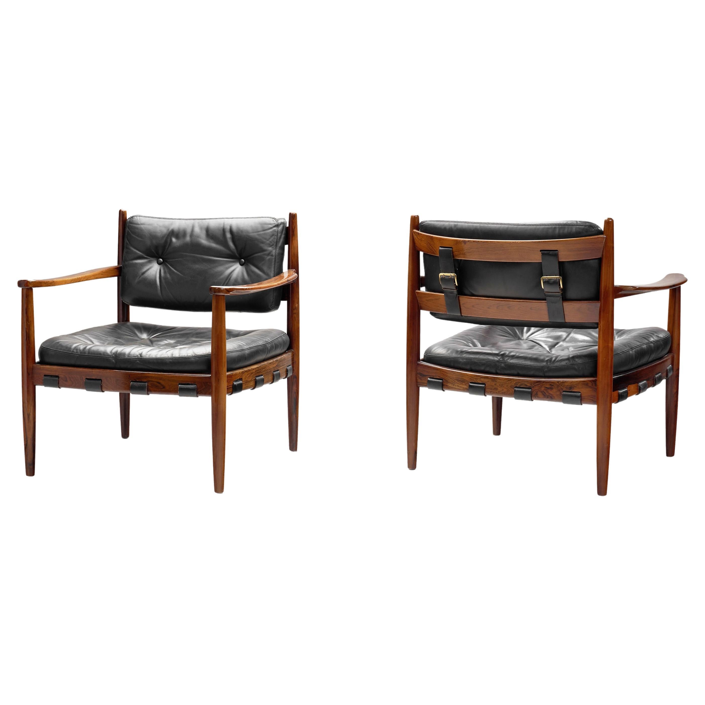 Set of Leather and Wood 'Cadett' Easy Chairs by Eric Merthen, Sweden 1960s