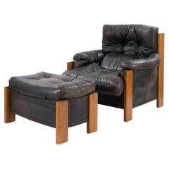 Set of Leather "Artona" Armchair and Ottoman, Italy 1970s